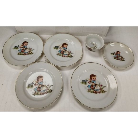 Children's China Tea Set 17pcs Made in Japan Girl and Blue Bird Damaged Cup - Picture 3 of 9